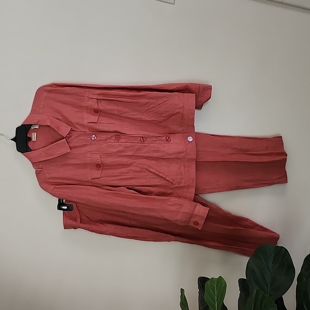 Linden Hill 2 piece linen jacket & pants, rusty red summer drawstring pull on